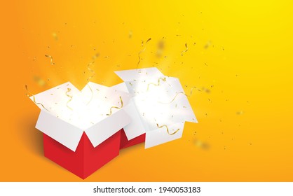 Caja abierta con confeti dorado, aislada en fondo transparente