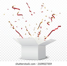 Caja abierta con confeti de oro, aislada en fondo transparente