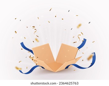 Open box with Gold confetti and light effect , isolated on transparent background