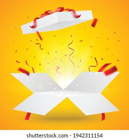 Open box with gold and red confetti , isolated on transparent background