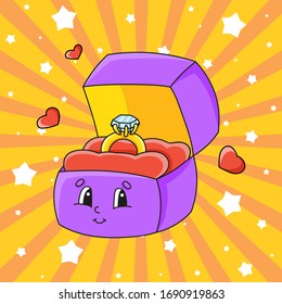 Open box with a gold ring. Cute cartoon character. Colorful vector illustration. Valentine's Day. Isolated on color background. Template for your design.