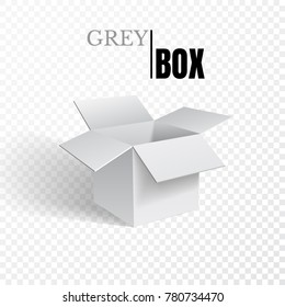 Open box, grey cardboard on transparent background, vector.