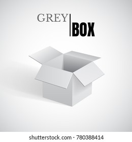 Open box, grey cardboard, vector container.