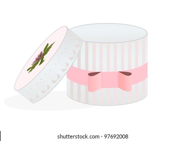 open box for a hat with a flower and stripes isolated on white background