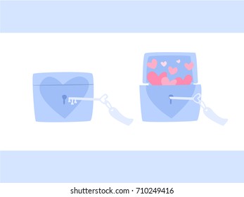 Open box of heart with key, heart in a lock box, Cute box of heart, Abstract picture meaning about love, Love card for Valentine's Day, Picture for wedding, colorful illustration, open your heart