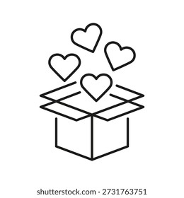 Caixa aberta com ícone de linha de corações. Amor, Generosidade e Presente Dando Símbolo de Esboço. Expressando afeto e cuidado. Traço editável. Ilustração vetorial isolada.