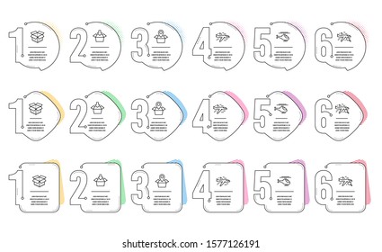 Open box, Helicopter and Get box line icons set. Infographic timeline. Package location, Search flight and Airplane signs. Delivery package, Copter, Delivery tracking. Find travel. Vector