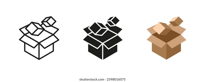 Open box icon. Cardboard container with unpacked items vector illustration. Packaging and delivery symbol. Logistics, storage and shipping concept. Parcel and warehouse organization pictogram.
