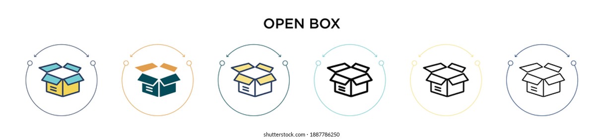 Open box icon in filled, thin line, outline and stroke style. Vector illustration of two colored and black open box vector icons designs can be used for mobile, ui, web