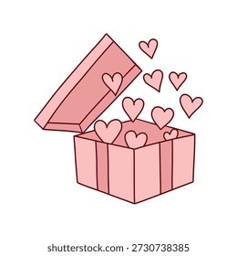 Open box icon with hearts flying out. Flat, hand-drawn style. Thin pink outline. Element for Valentine's Day.