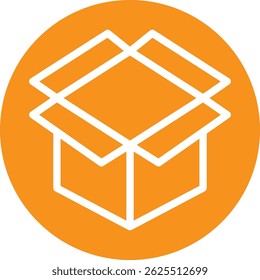 Icono de caja abierta con fondo de círculo naranja que representa la entrega y el embalaje