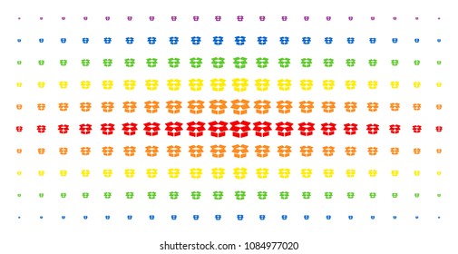 Open box icon rainbow colored halftone pattern. Vector open box shapes are organized into halftone matrix with vertical spectral gradient. Constructed for backgrounds, covers,