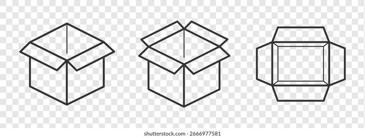 Ícone de caixa aberta. ícone de vetor de pacote aberto. abrir produto cartolina papel cartão sinal de pacote. entrega vazia caixa de armazenamento símbolo para designs de interface do usuário. caixa de sinal e símbolo, pacote, pacote, cartão, selado.