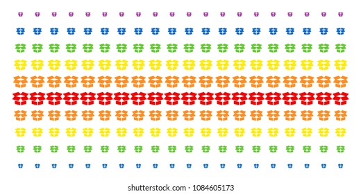 Open Box icon spectrum halftone pattern. Vector symbols arranged into halftone matrix with vertical rainbow colors gradient. Designed for backgrounds, covers, templates and abstraction concepts.