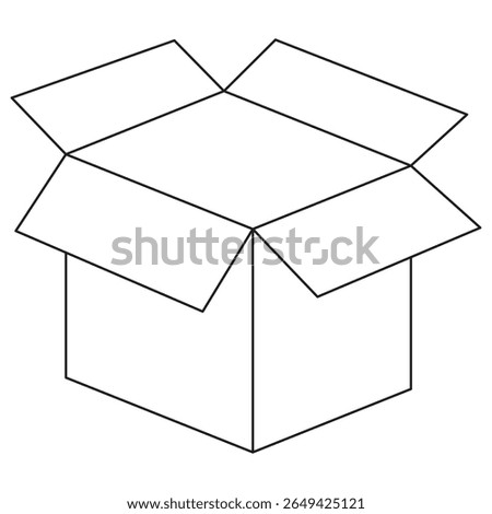 Open Box icon. Vector pictogram with thin black lines on transparent. Line thickness is editable. Simple illustration of an open empty cardboard box viewed from an angle, symbolizing packaging
