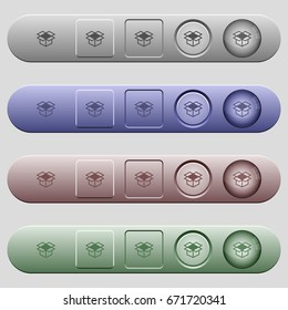 Open box icons on rounded horizontal menu bars in different colors and button styles