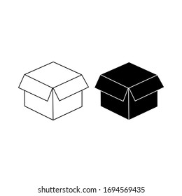 Open box icons for packaging or delivery and shipping, open package, unbox in black. Forbidden symbol simple on isolated white background. EPS 10 vector.