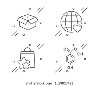 Open box, International love and Loyalty points line icons set. Chemical formula sign. Delivery package, Internet dating, Bonus bags. Chemistry. Technology set. Line open box outline icon. Vector