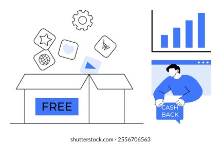 Open box labeled Free with icons above including a star globe shopping cart heart and play button, Customer holding Cash Back sign next to growth chart Ideal for marketing promotions customer rewards