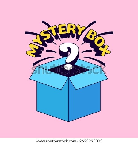 Open box with a large white question mark emerging from it, surrounded by dynamic text reading “Mystery Box” and expressive burst lines cartoon illustration for excitement, surprise, and curiosity