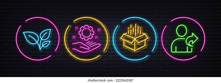 Open box, Leaves and Employee hand minimal line icons. Neon laser 3d lights. Refer friend icons. For web, application, printing. Delivery package, Grow plant, Work gear. Share. Vector