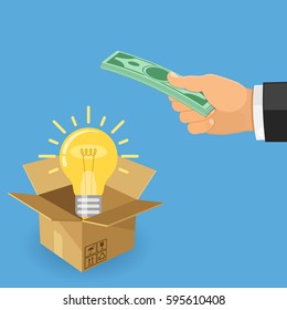 open box with light bulb and hand giving money. crowdfunding, innovation, idea, investments concept. flat style icons. isolated vector illustration