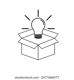 Open box with a light bulb line icon representing an idea and creative solution