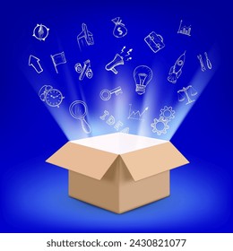 Open box with light inside and doodle business symbols or education. Stock vector illustration