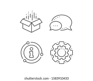 Open box line icon. Chat bubble, info sign elements. Delivery parcel sign. Cargo package symbol. Linear open box outline icon. Information bubble. Vector