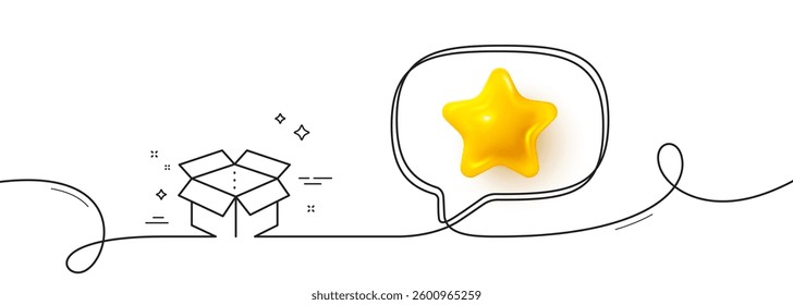 Open box line icon. Continuous line with 3d star. Delivery parcel sign. Cargo package symbol. 3d star in speech bubble. Open box single line ribbon. Loop curve pattern. Vector