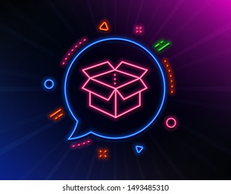 Open box line icon. Neon laser lights. Delivery parcel sign. Cargo package symbol. Glow laser speech bubble. Neon lights chat bubble. Banner badge with open box icon. Vector
