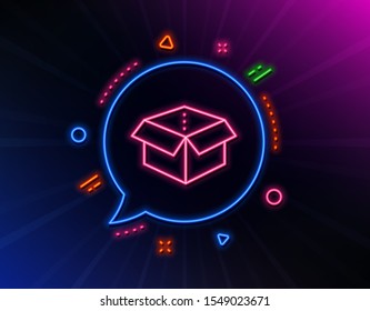 Open box line icon. Neon laser lights. Delivery parcel sign. Cargo package symbol. Glow laser speech bubble. Neon lights chat bubble. Banner badge with open box icon. Vector