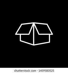 Open Box Line Icon On Black Background. Black Flat Style Vector Illustration.