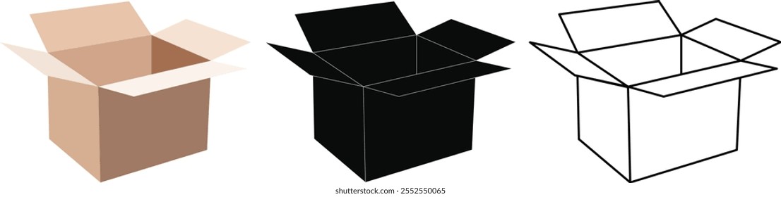 Open Box Line and Silhouette Icon Set