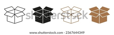 Open Box Line and Silhouette Icon Set. Carton Parcel Symbol Collection. Cardboard Package Black and Color Pictogram. Cargo Pack, Post Delivery Service Sign. Isolated Vector Illustration.