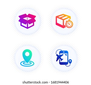 Open box, Location and Delivery timer icons simple set. Button with halftone dots. Flight destination sign. Delivery package, Map pointer, Express logistics. Airplane trip. Transportation set. Vector