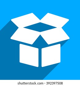 Open Box long shadow vector icon. Style is a flat open box iconic symbol on a blue square background.