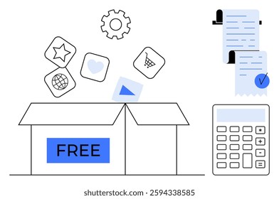 Open box marked FREE with various digital icons floating above, including a star, heart, globe, and shopping cart. Nearby are a calculator and receipts. Ideal for online services, e-commerce, digital