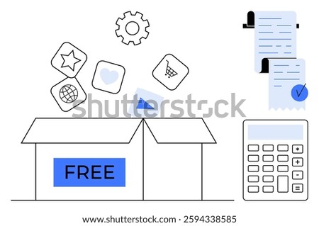 Open box marked FREE with various digital icons floating above, including a star, heart, globe, and shopping cart. Nearby are a calculator and receipts. Ideal for online services, e-commerce, digital