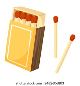 An open box of matches, with a large number of matches, next to two matches on a white background. Open matchbox. Wooden matches.