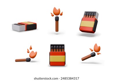 Open box of matches, lit match with flame. Set of realistic objects in different positions