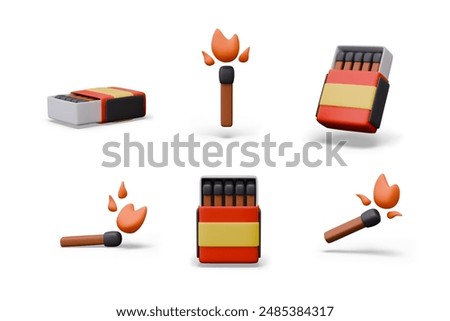Open box of matches, lit match with flame. Set of realistic objects in different positions