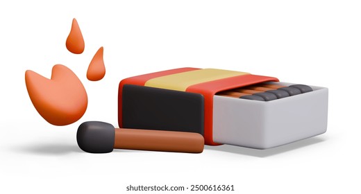 Open box of matches is lying, one match is lit. Vector realistic closeup composition