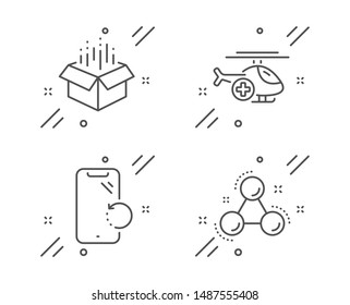 Open box, Medical helicopter and Smartphone recovery line icons set. Chemistry molecule sign. Delivery package, Sky transport, Phone repair. Laboratory atom. Business set. Vector