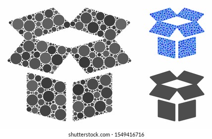 Open box mosaic of filled circles in variable sizes and shades, based on open box icon. Vector random circles are combined into blue mosaic. Dotted open box icon in usual and blue versions.