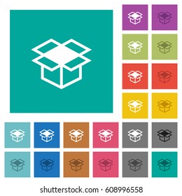 Open box multi colored flat icons on plain square backgrounds. Included white and darker icon variations for hover or active effects.