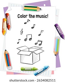 Open box with musical notes and colorful pencils