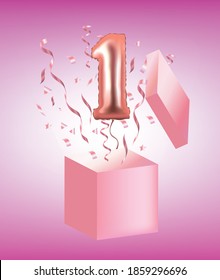 Open box with number one balloon. vector
