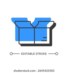 Open box offset shadow line icon. Cardboard package for products transportation. Parcel unpacking process. Bold outline symbol with solid blue fill. Modern flat illustration. Editable stroke