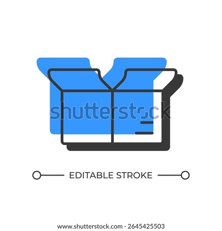 Open box offset shadow line icon. Cardboard package for products transportation. Parcel unpacking process. Bold outline symbol with solid blue fill. Modern flat illustration. Editable stroke